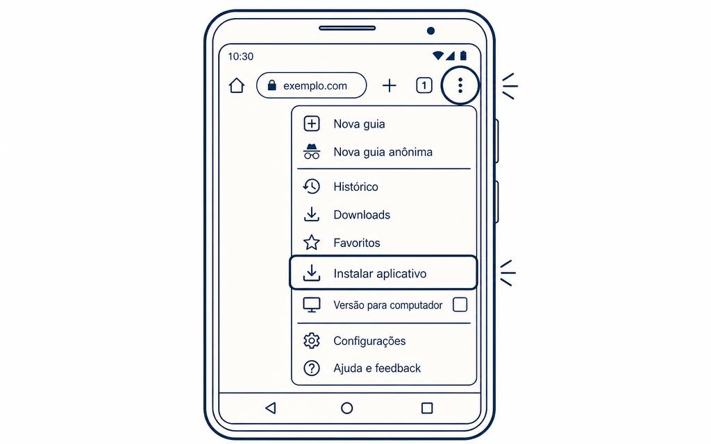Passo a passo no Android: abrir o menu de três pontos do Chrome e escolher Instalar aplicativo