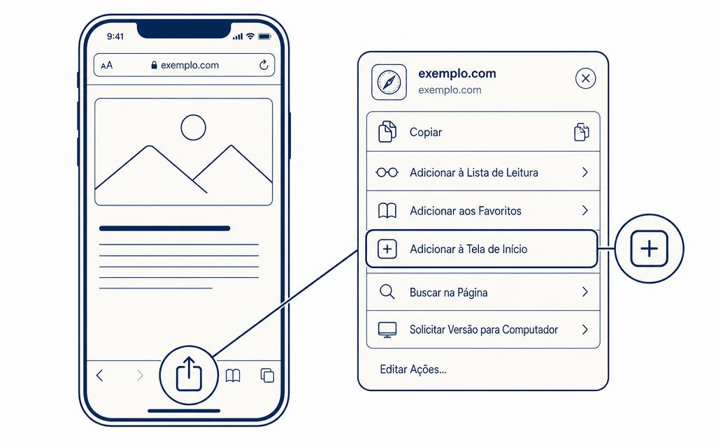 Passo a passo no iPhone: tocar no botão Compartilhar do Safari e escolher Adicionar à Tela de Início